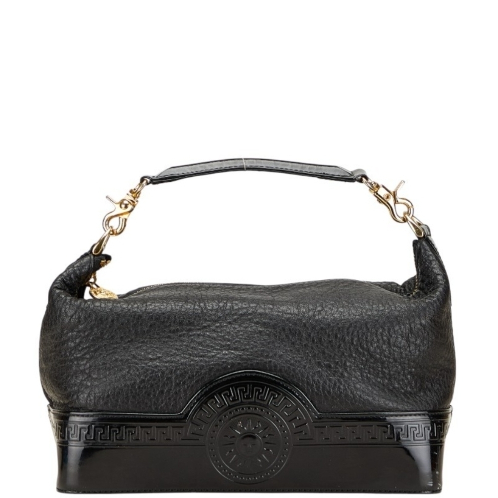 Versace Sunburts Leather Black Shoulder Bag with Gold Accents